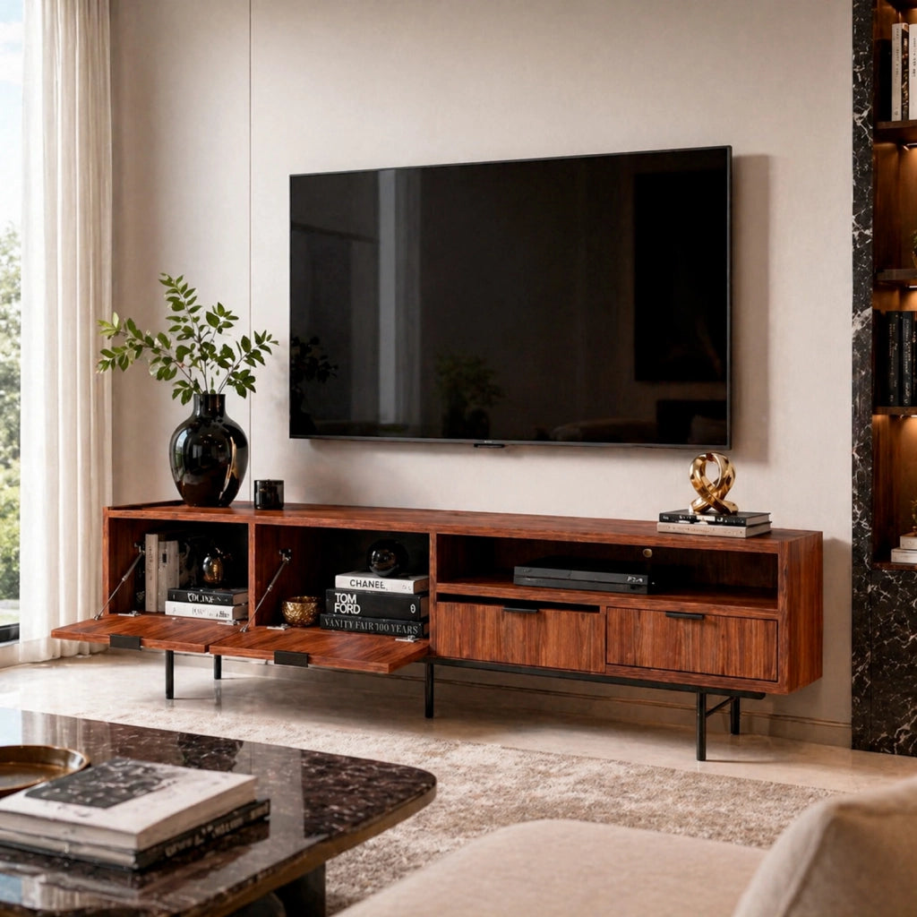 Mobile Porta TV Moderno Per Salotto Zona Living Soggiorno Con 2 Ante A Ribalta 2 Cassetti Vano A Giorno Passacavo Struttura In Melaminico Design Contemporaneo 200 X 40 X 55 Cm Noce