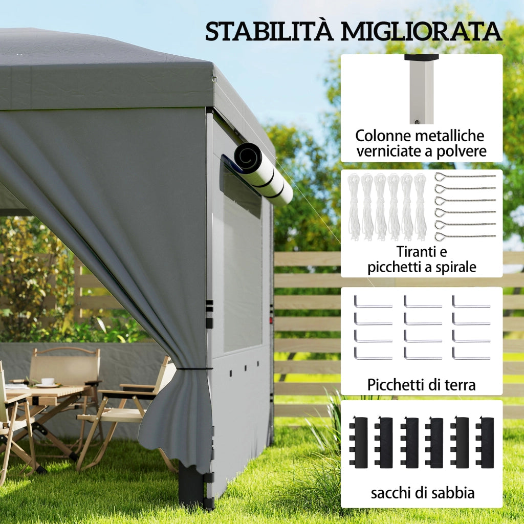 Gazebo Pieghevole 3x6 m con 6 Pareti Laterali, Sacchi e Picchetti, in Metallo e Tessuto Oxford, Grigio Scuro