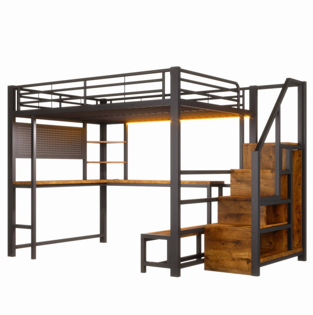 Letto a soppalco 140x200 cm con scrivania; LED; USB e USB-C; struttura in metallo e MDF; nero