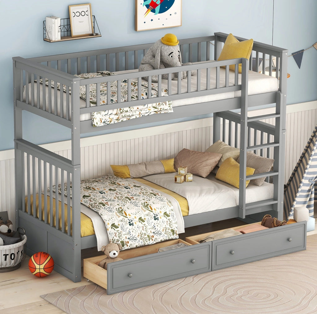 Letto a castello 90x200 cm trasformabile con 2 cassetti; sponde alte; legno e MDF grigio
