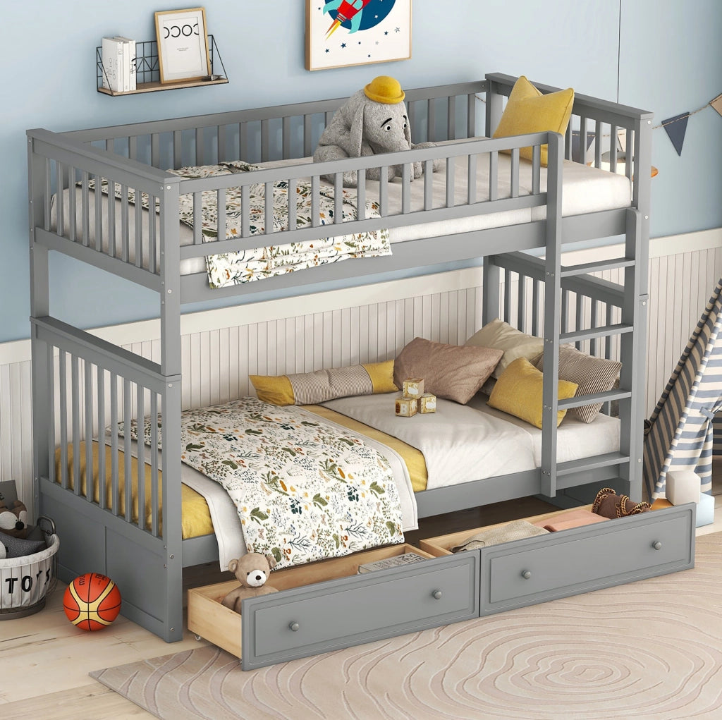 Letto a castello 90x200 cm trasformabile con 2 cassetti; sponde alte; legno e MDF grigio
