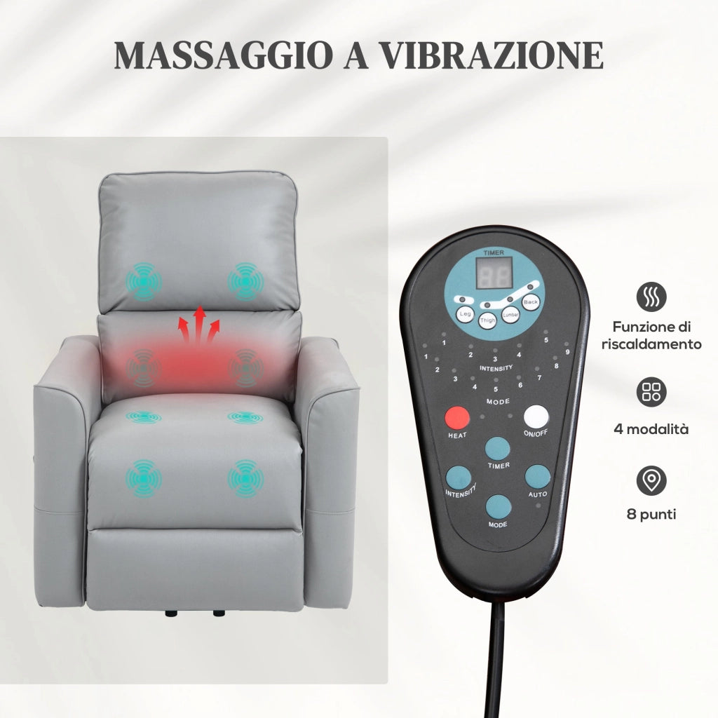 Poltrona Alzapersona Reclinabile 1 Motore con 8 Punti Massaggio 79x89x104 cm Riscaldamento e Telecomando Grigio Chiaro