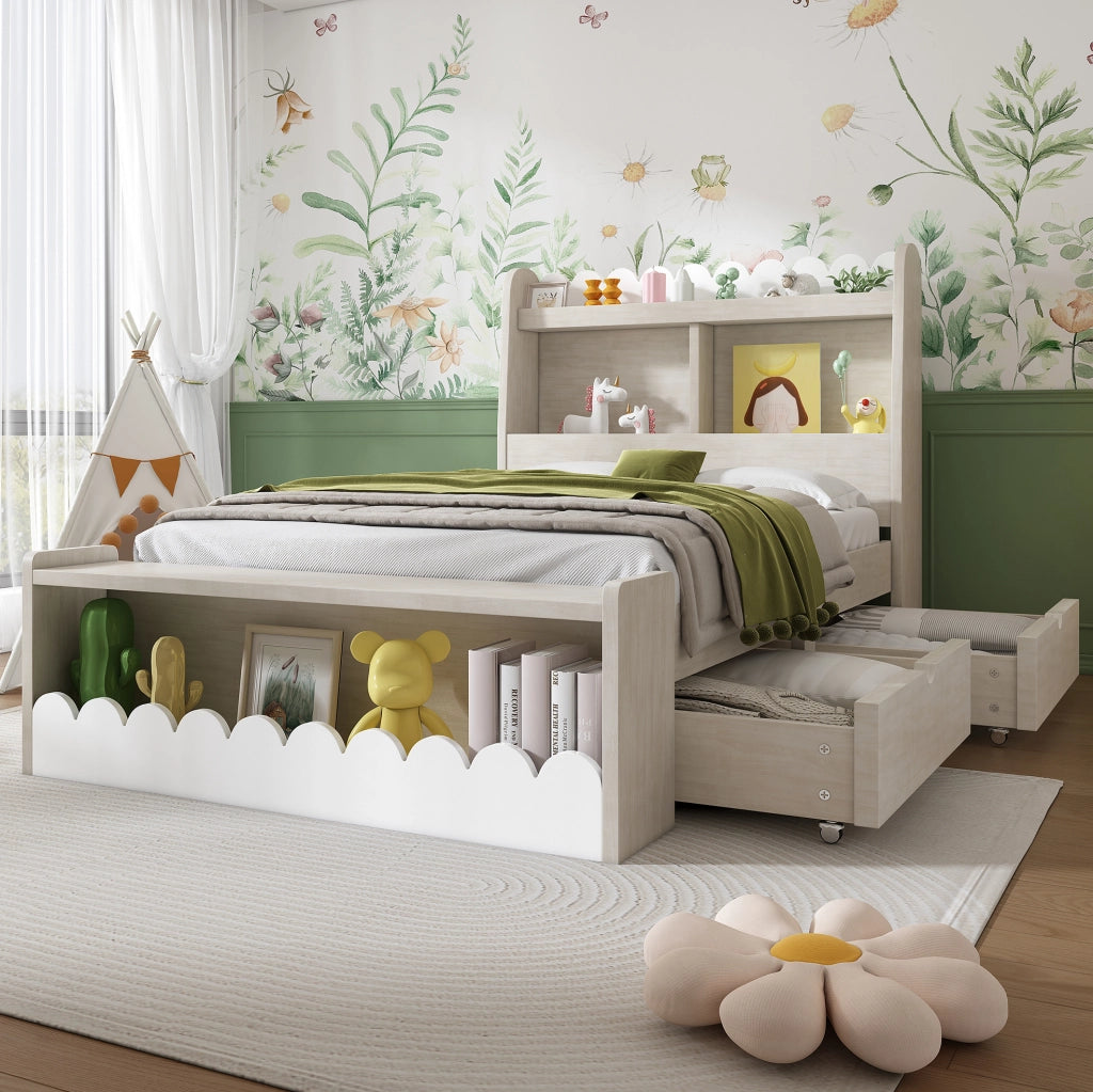 Letto singolo multifunzione 90x190 cm con cassetti, ripiani e struttura in legno