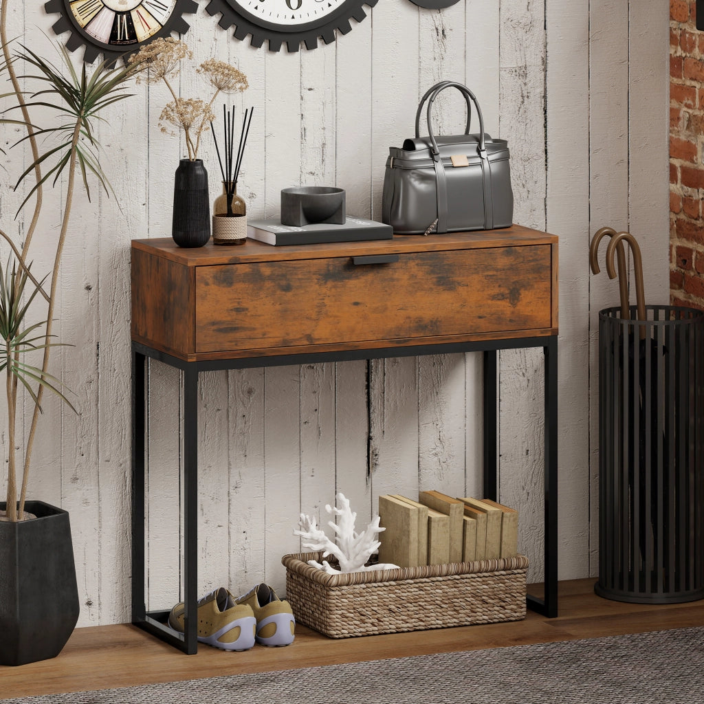 Tavolo console con cassetto ¨C zephmum ¨C 80x30x76 cm, nero, design industriale