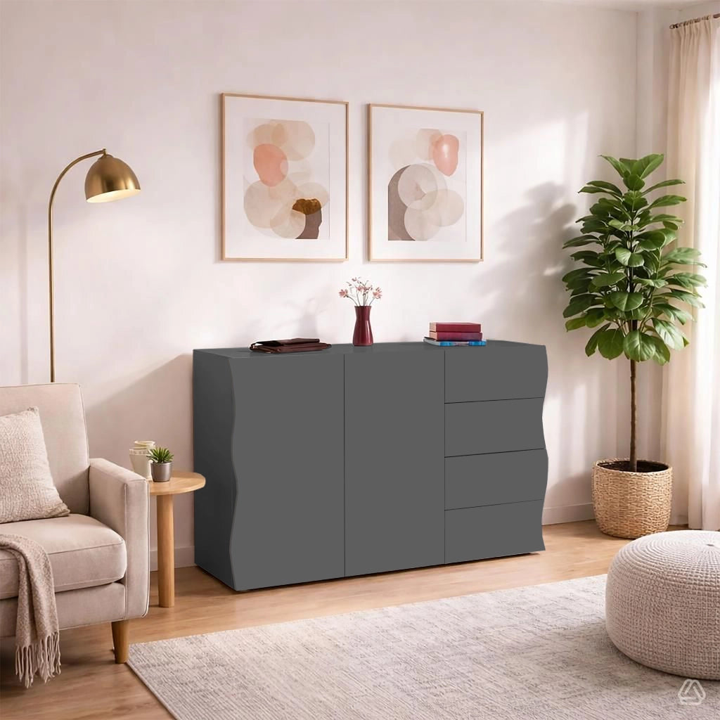 Mobile Multiuso 2 Ante 4 Cassetti Onda 124x40x81 cm Finitura in Melamina Antracite Opaco