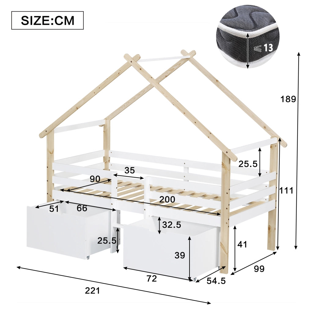 Letto a casa per bambini bianco e naturale in legno massello e MDF con funzione contenitore 90x200 cm