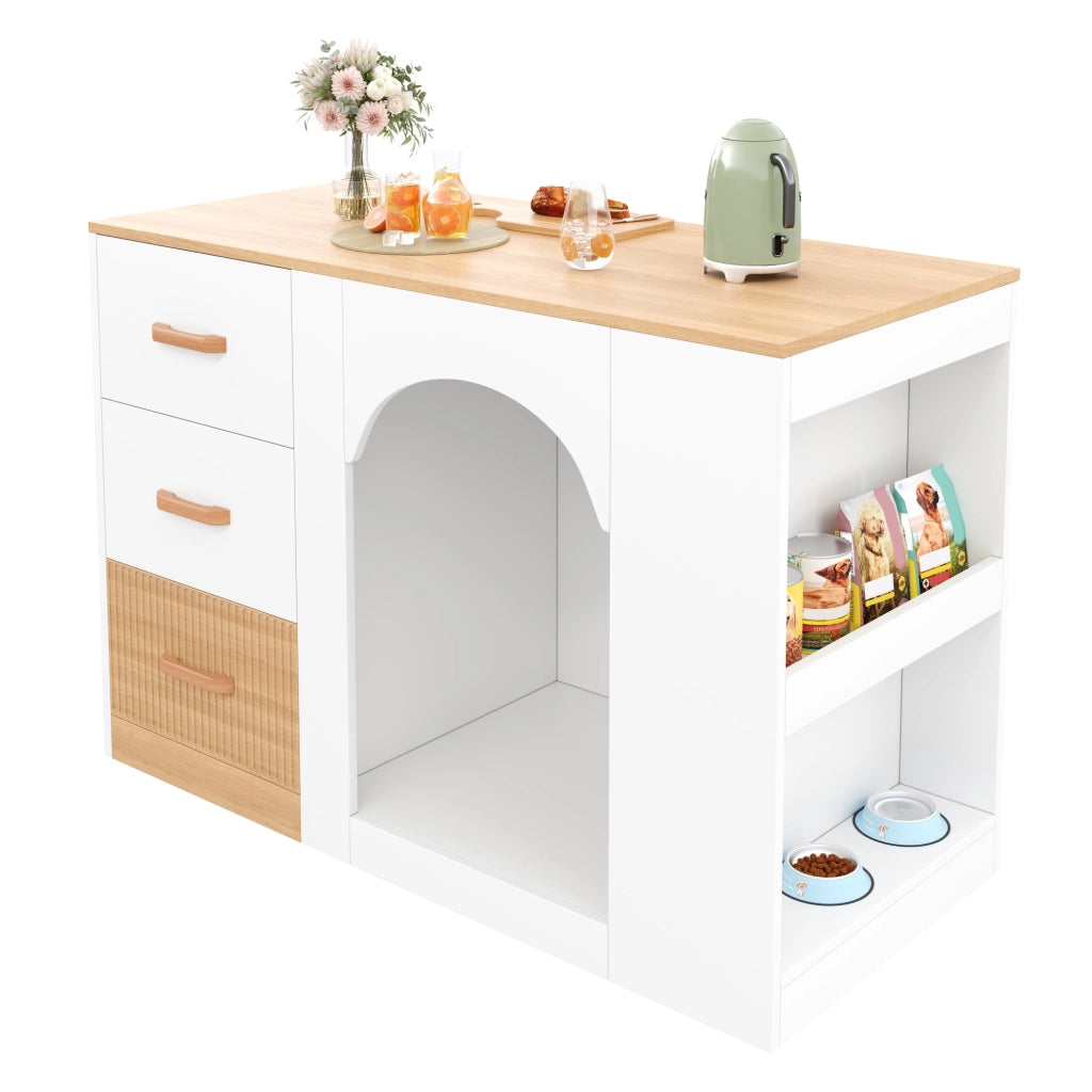 Isola da Cucina 120×60×90 cm con 3 Cassetti; 2 Ripiani Laterali e Zona Riposo per Animali; Bianca Legno