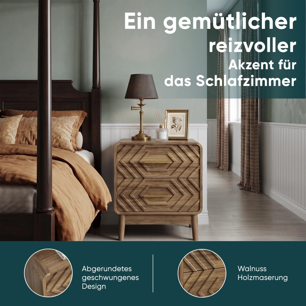 Comodino con 2 cassetti e frontali geometrici, stile moderno, per camera da letto, in MDF, marrone noce