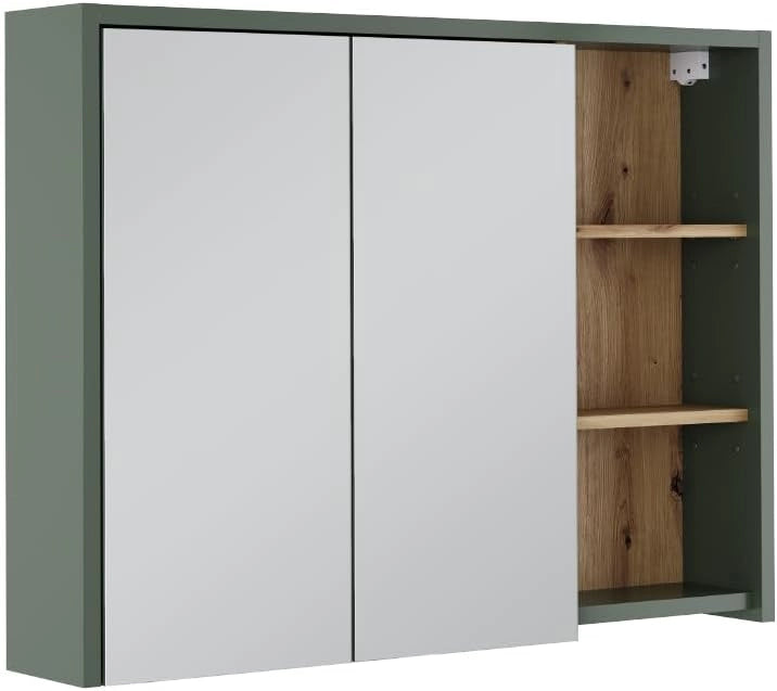 Mobile a specchio per bagno Viola, Verde/Artigianale, 100 x 75 cm con ripiani aperti, per montaggio a parete con ripiani aperti