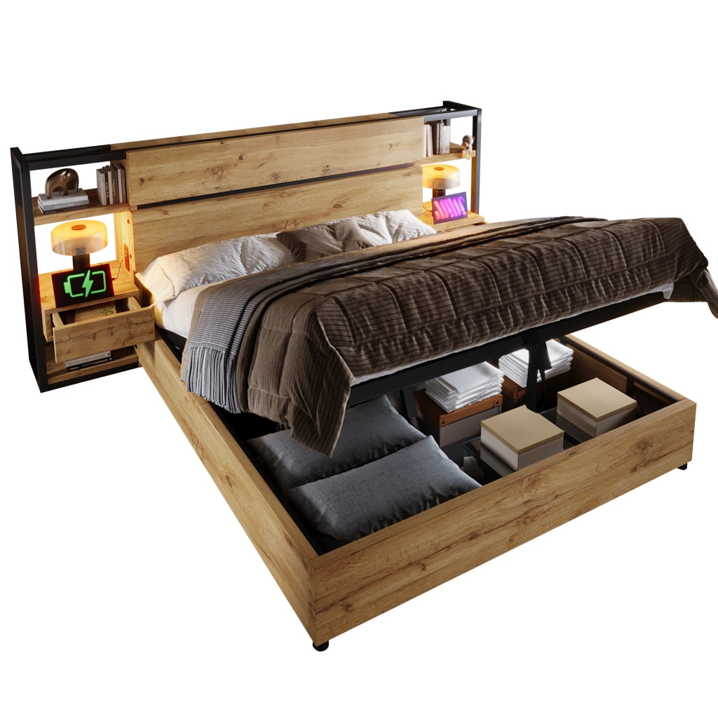 Letto contenitore 160x200 cm in MDF rovere con USB Type-C, senza materasso
