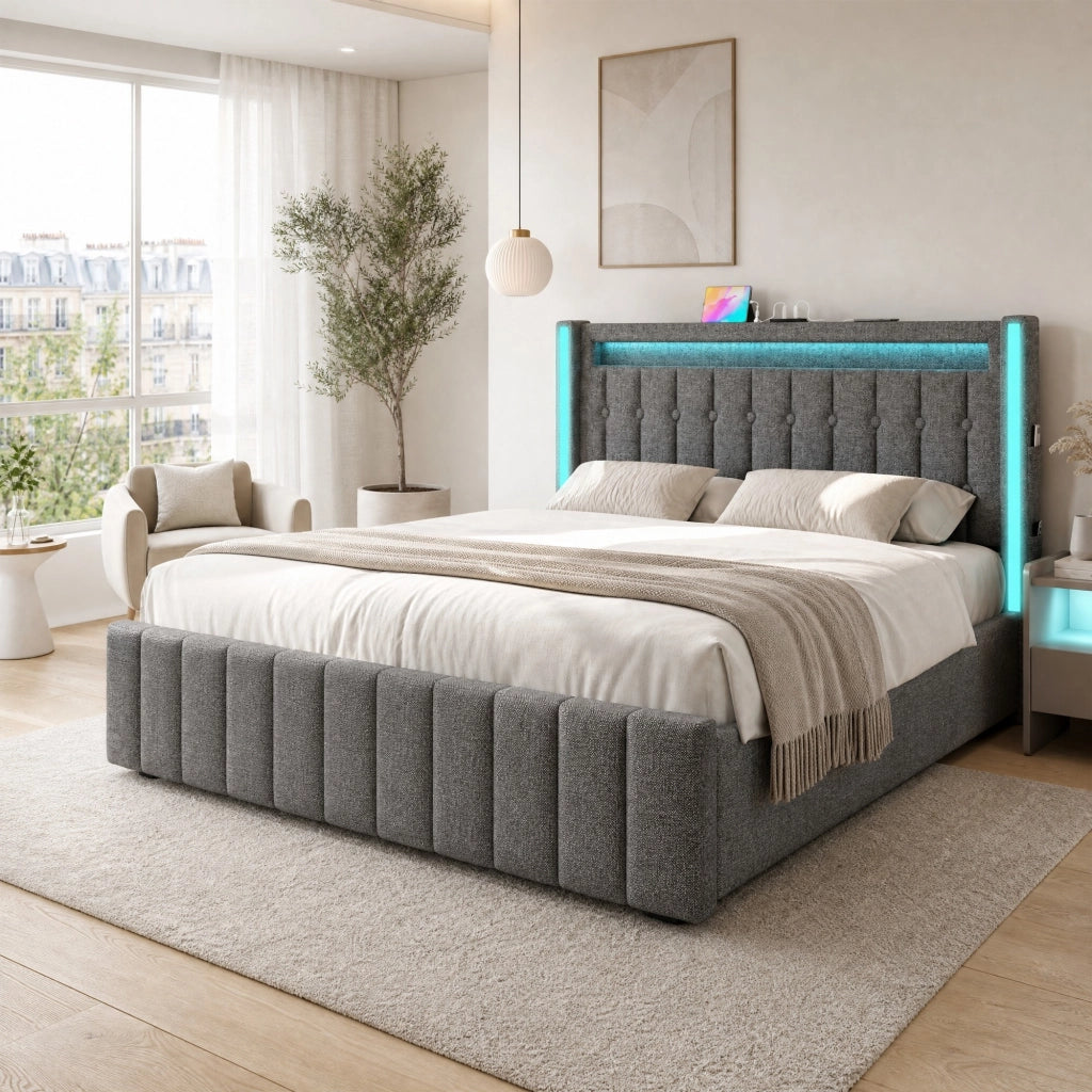 Letto imbottito matrimoniale 160x200 cm in tessuto effetto lino grigio con LED; USB e 4 cassetti