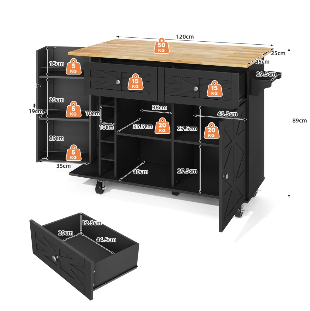 Carrello isola cucina 120x45(70)x89 cm con piano pieghevole in MDF nero