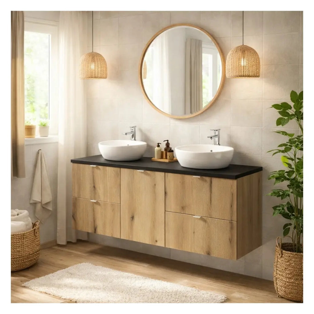 Set bagno VANO effetto quercia e nero 140cm: mobiletto sottolavabo con cassetti e cesto per la biancheria + piano per lavabo