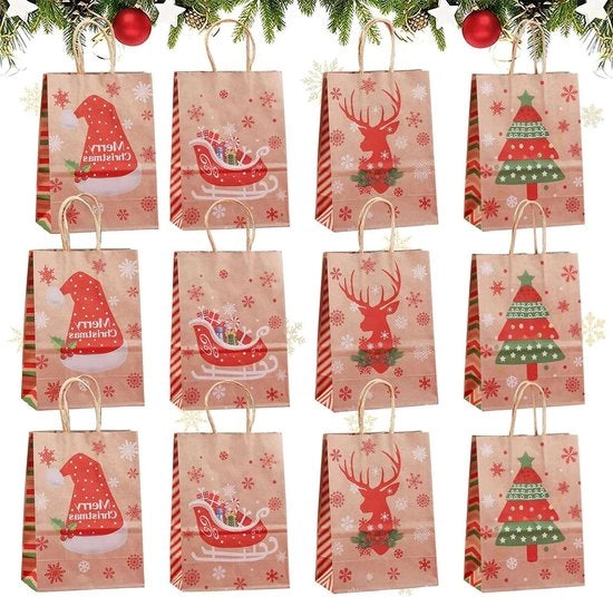 12 pacchi regalo per Natale - borse di Natale in cartone - borse di Natale con manico - borse di carta - borse di Natale per regali - imballaggio di regali per feste - decorazioni - accessori