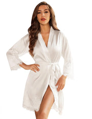 Kimono da Sposa con Finitura a Pizzo in Cotone Bianco