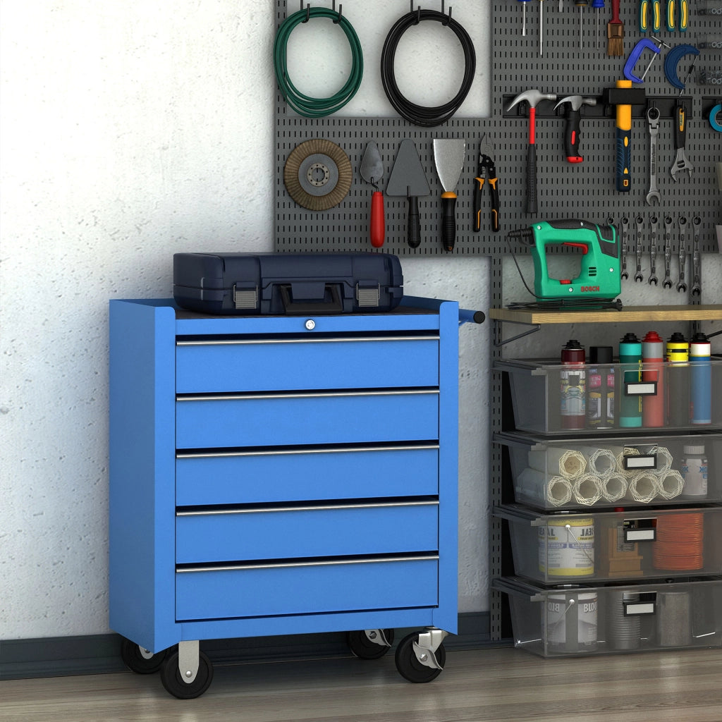Carrello da Officina a 5 Cassetti con Ruote in Metallo Blu, 67.5x 33 x 77cm