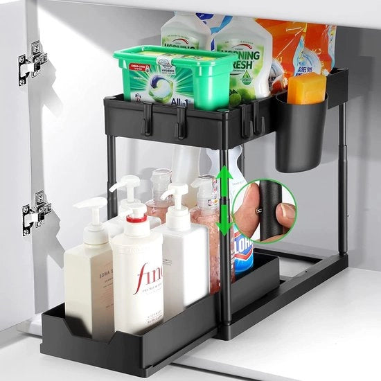 Organizzatore sotto cassetti con 2 livelli sotto il frigorifero, ripiegabile e staccabile, gancio per asciugatrice con 4 ganci e 1 cassetta, regolabile e carrello per lavanderia, cucina, bagno, armadi