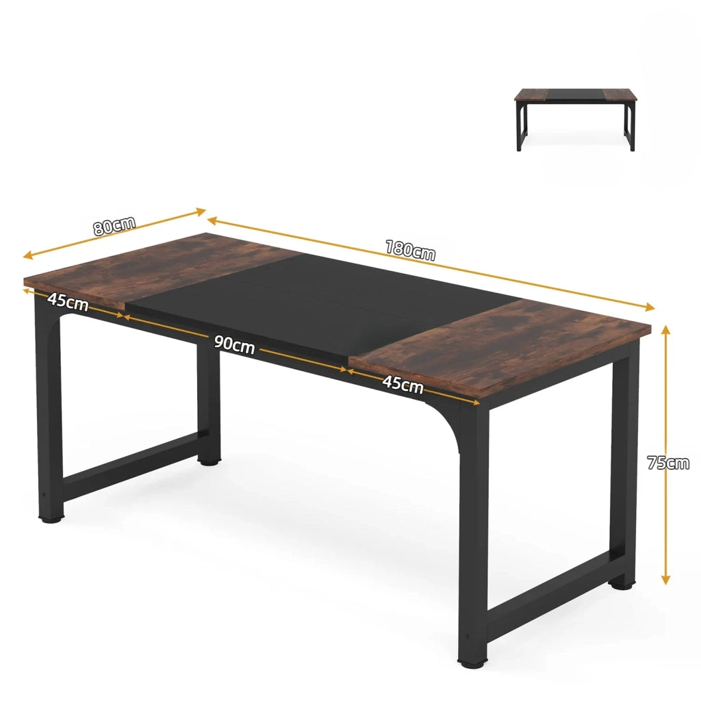 Scrivania lineare da ufficio in legno e metallo, superficie resistente all’acqua, per riunioni e home office, nero e marrone rustico