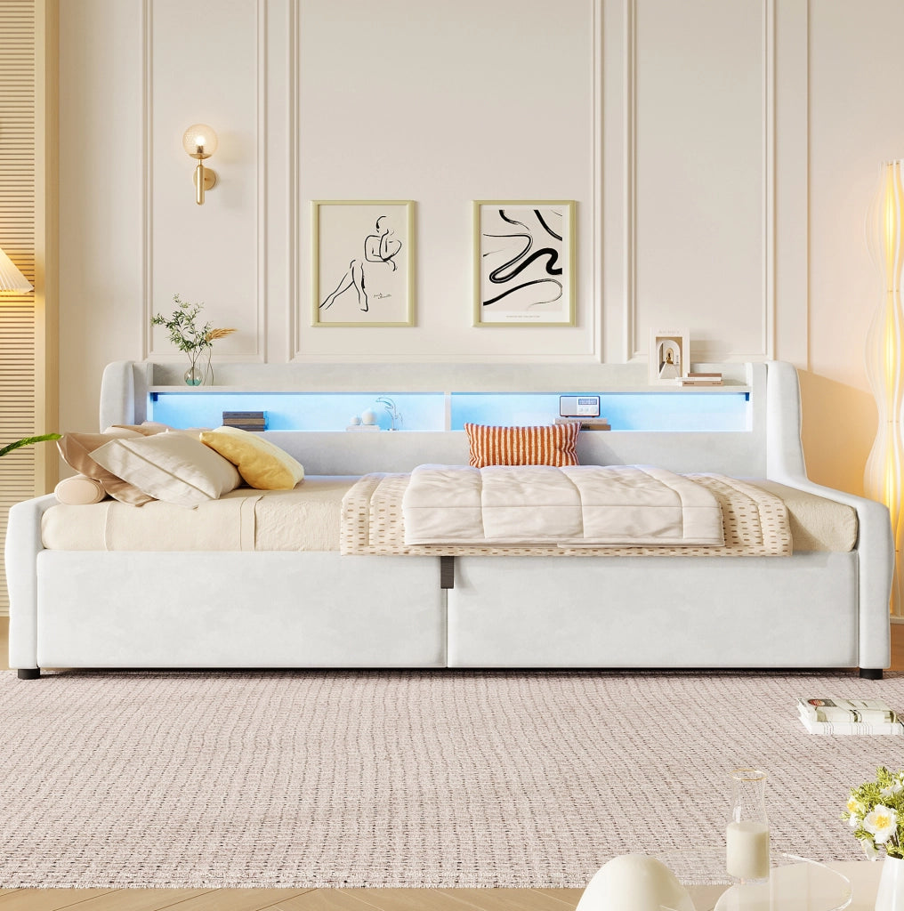 Letto singolo imbottito 90x200 cm con LED e vano contenitore