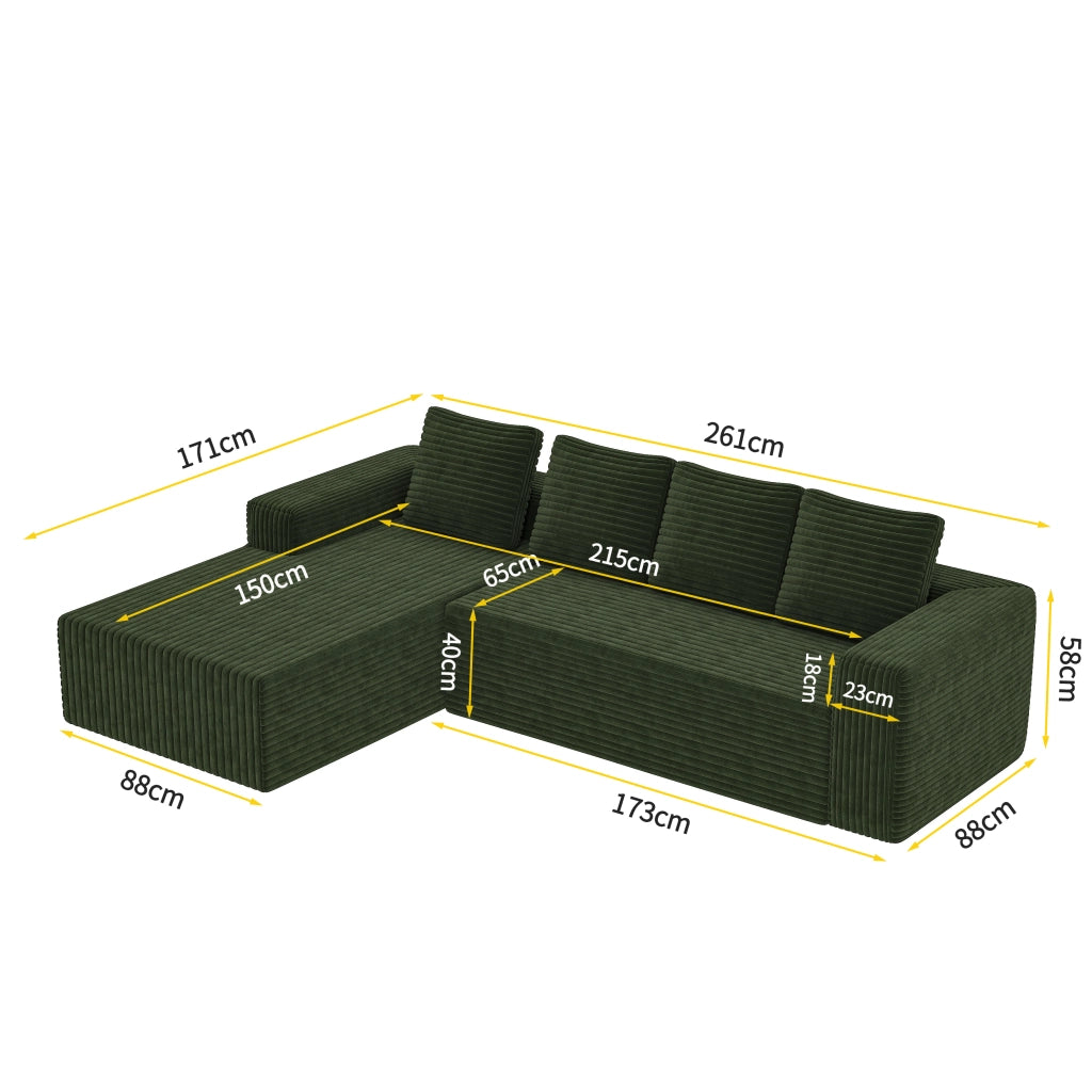 Divano modulare a L con chaise longue reversibile; verde; 104x36x36 cm