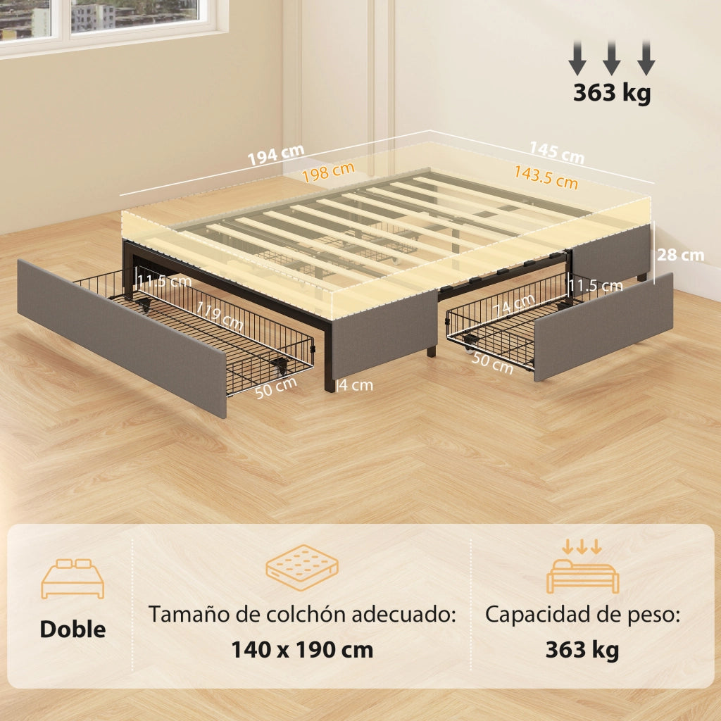 Letto Matrimoniale 140x190 cm con Cassetti e Struttura in Metallo ¨C Zephmum ¨C Grigio
