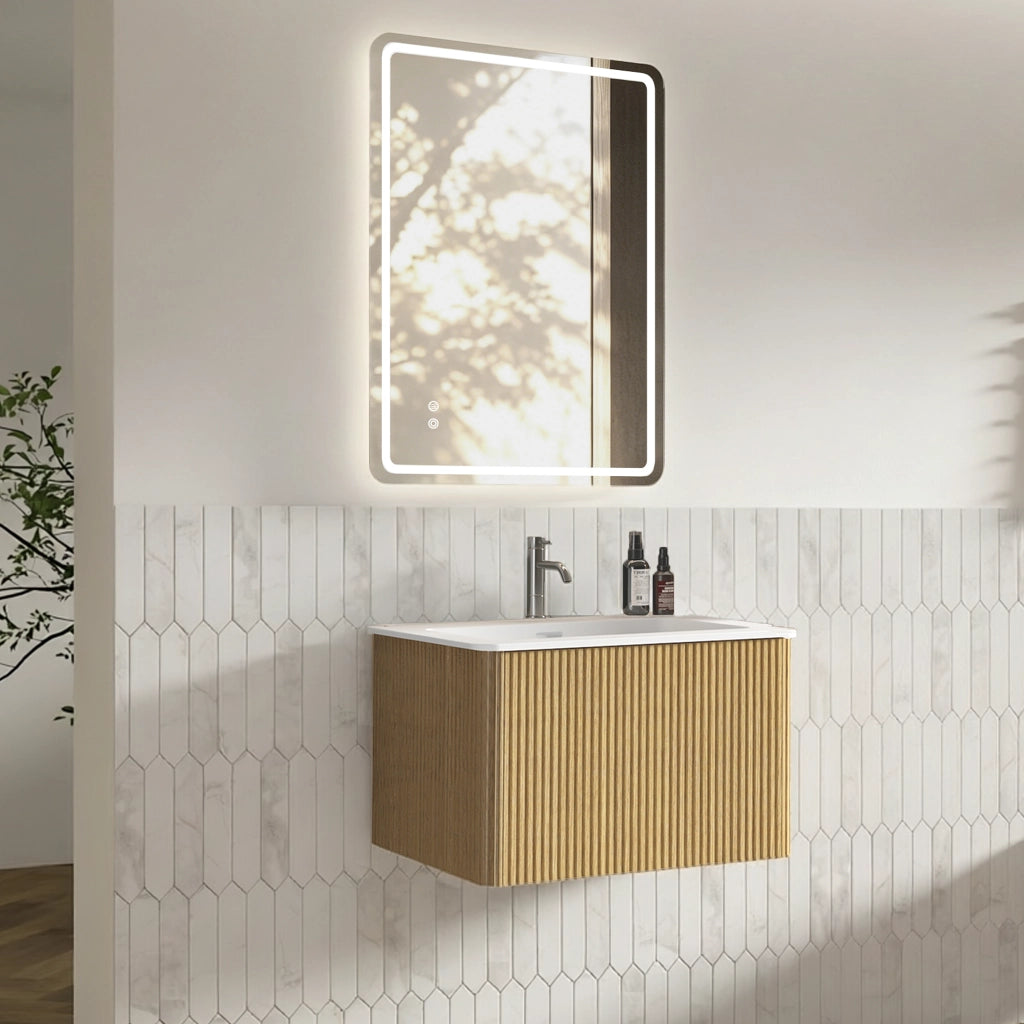 Mobile bagno con specchio; lavabo integrato e cassetto; LED regolabile antiappannamento; sospeso; in MDF rovere