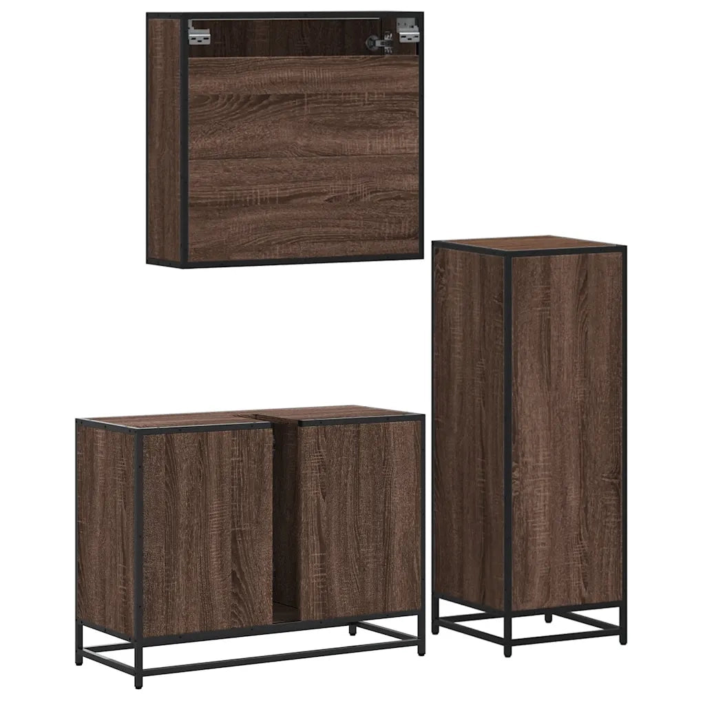 Set Mobili da Bagno 3 pz Rovere Marrone in Legno Multistrato