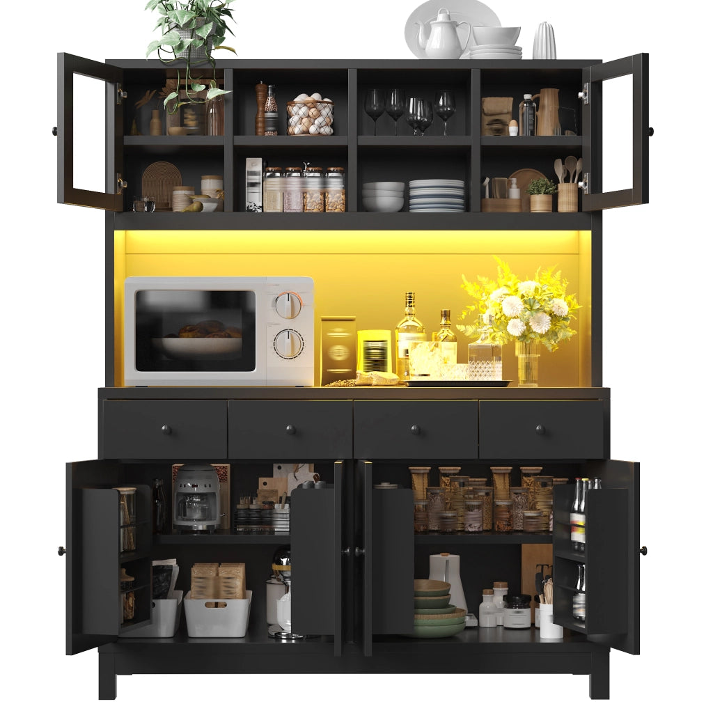 Credenza alta con LED RGB da app, 4 cassetti e ripiani regolabili per cucina e soggiorno in MDF nero 140 × 38,5 × 180 cm