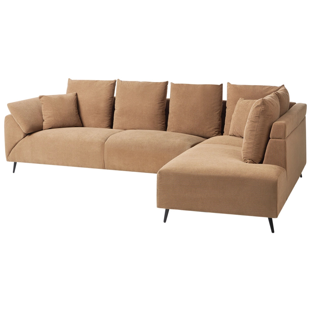 Divano ad angolo Cuscini in tessuto a coste marrone Gambe nere in metallo Design retrò Schienale con cuscini