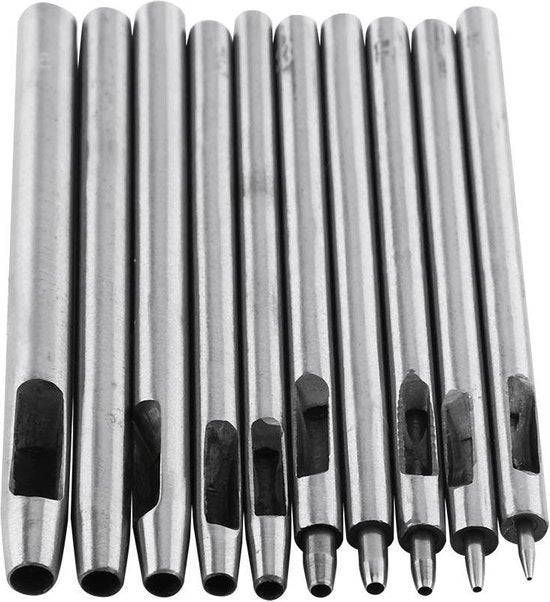 Kit per forare la pelle - 10 pezzi di punteruoli per pelle - Attrezzatura artigianale completa per orologi e cinture in pelle - Set 0.5-5mm.