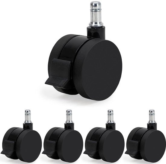 Supporti per ruote per sedia da ufficio, diametro 60 mm, per pavimenti duri, parquet, laminato, piastrelle – 5 pezzi – colore nero