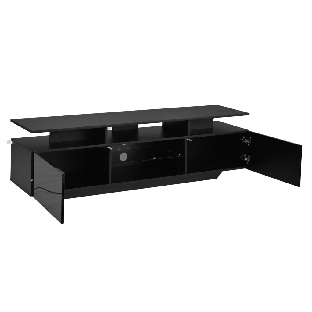 Mobile TV 160x40x45 cm con LED controllabile via app, 2 vani, MDF e vetro nero
