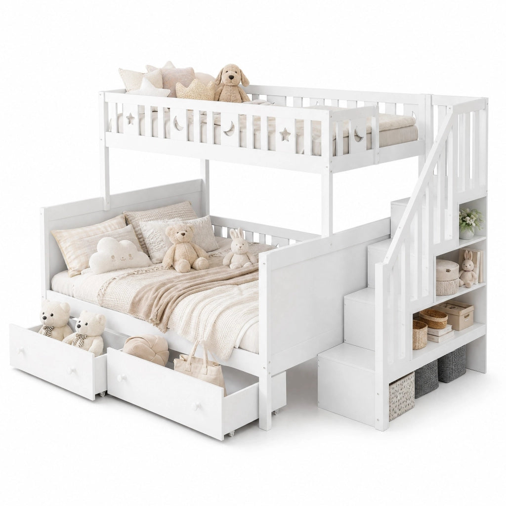 Letto a castello per bambini 90x200 cm e 140x200 cm con scala contenitore; cassetti; bianco