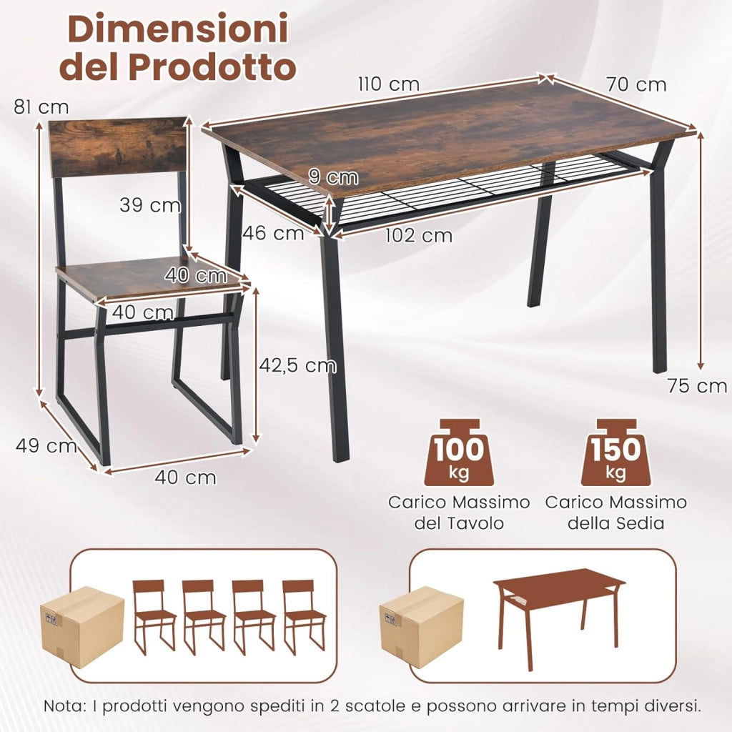Set da Tavolo e Sedie da Pranzo, Tavolo da Pranzo con 4 Sedie Industriale, Set 5 Pezzi Mobili con Mensola Portaoggetti e Telaio in Metallo, per Cucina Sala da Pranzo, 110 x 70 cm (Marrone)