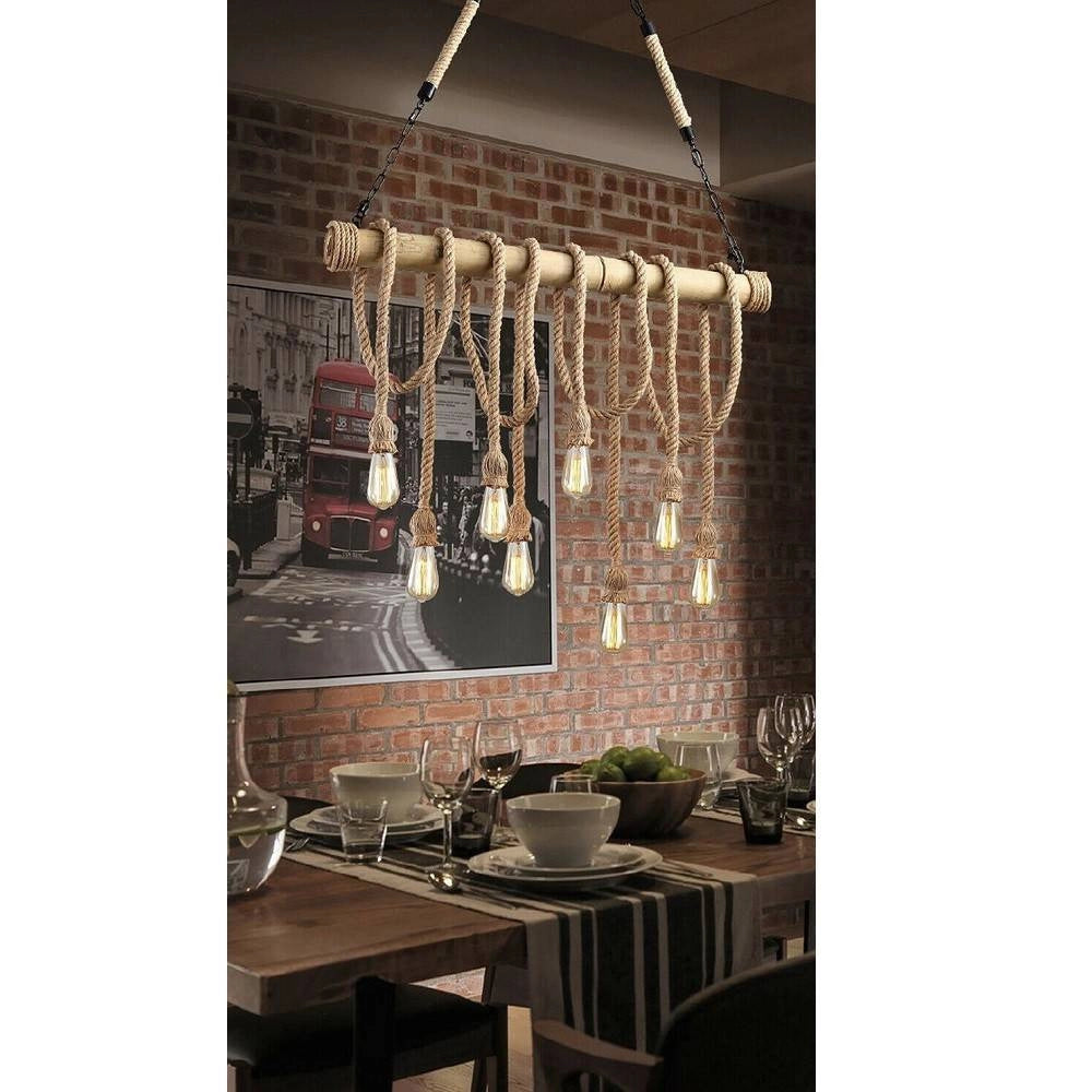 Trade Shop - Lampadario Country 8 Portalampada E27 Lampada Soffitto Retro Legno Corda B23-8 -
