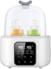 Sterilisatore e riscaldatore di biberon con timer, regolazione di temperatura e display a LED; può riscaldare il latte materno e sterilizzare due biberon contemporaneamente.