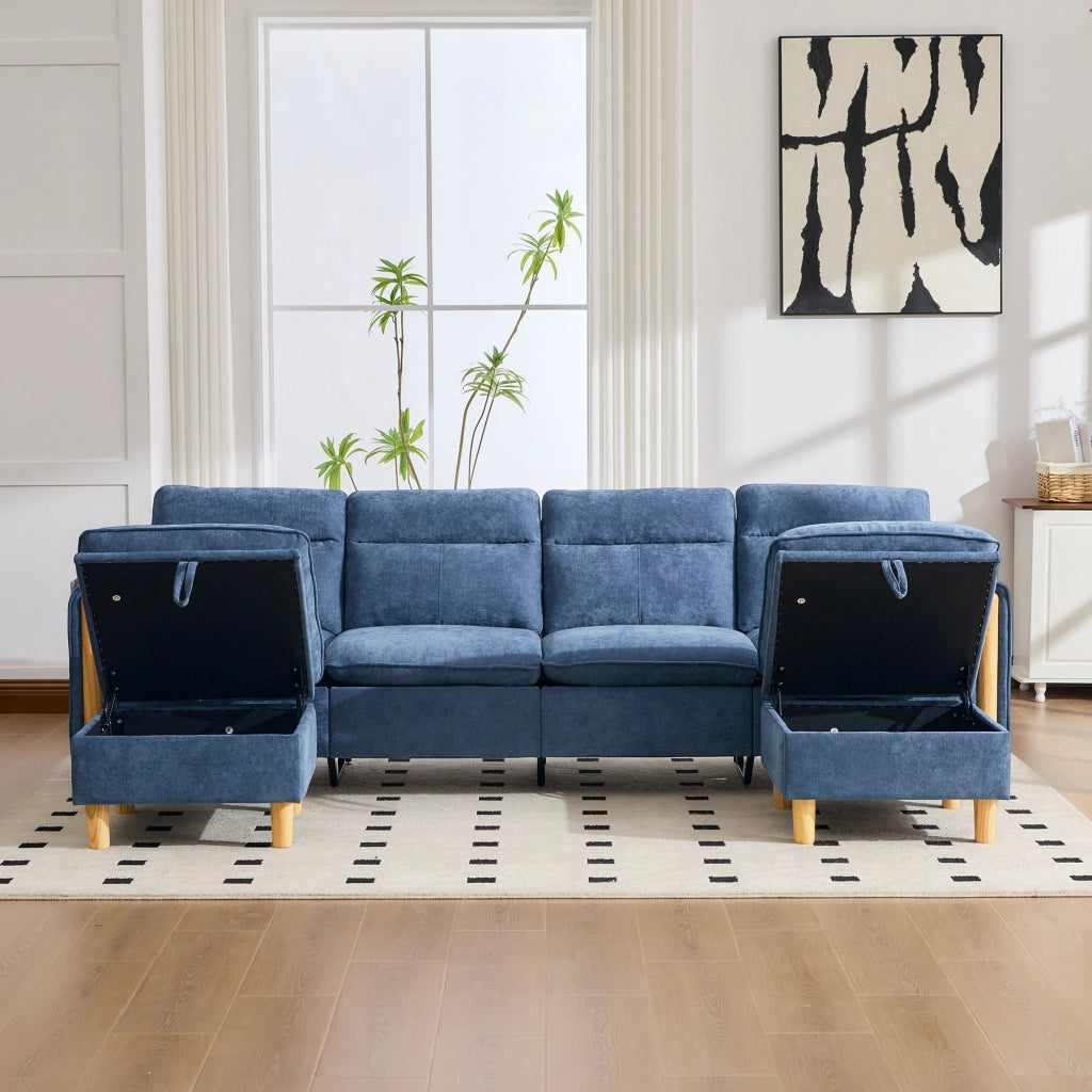 Divano panoramico a U modulare con 2 pouf contenitore e tasche laterali in chenille blu 261 × 77 × 86 cm