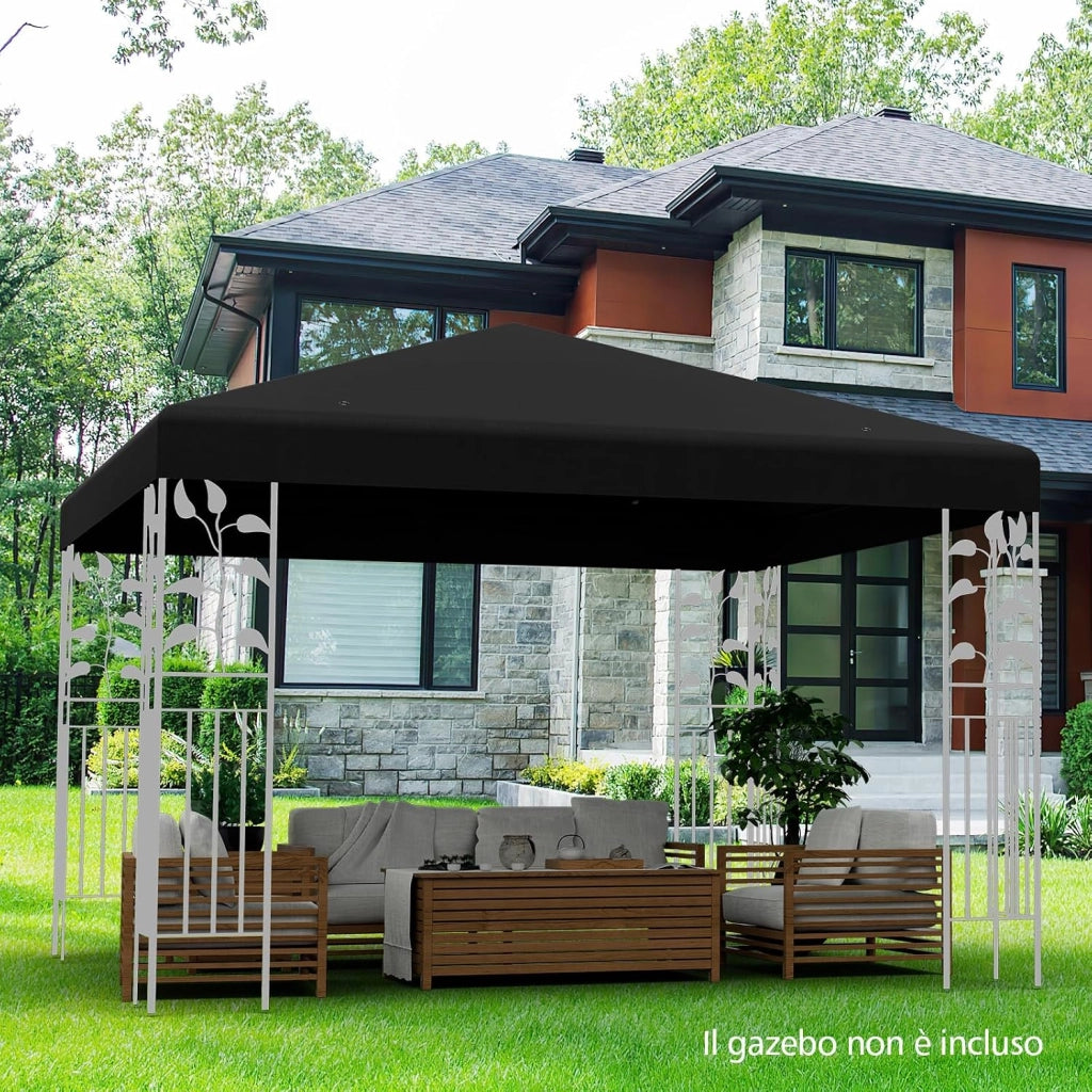 Tettoia di Ricambio per Gazebo da 3 x 3 m, Copertura per Gazebo da Giardino con Gancio e Chiusura a Strappo, Fori di Drenaggio (Nero)