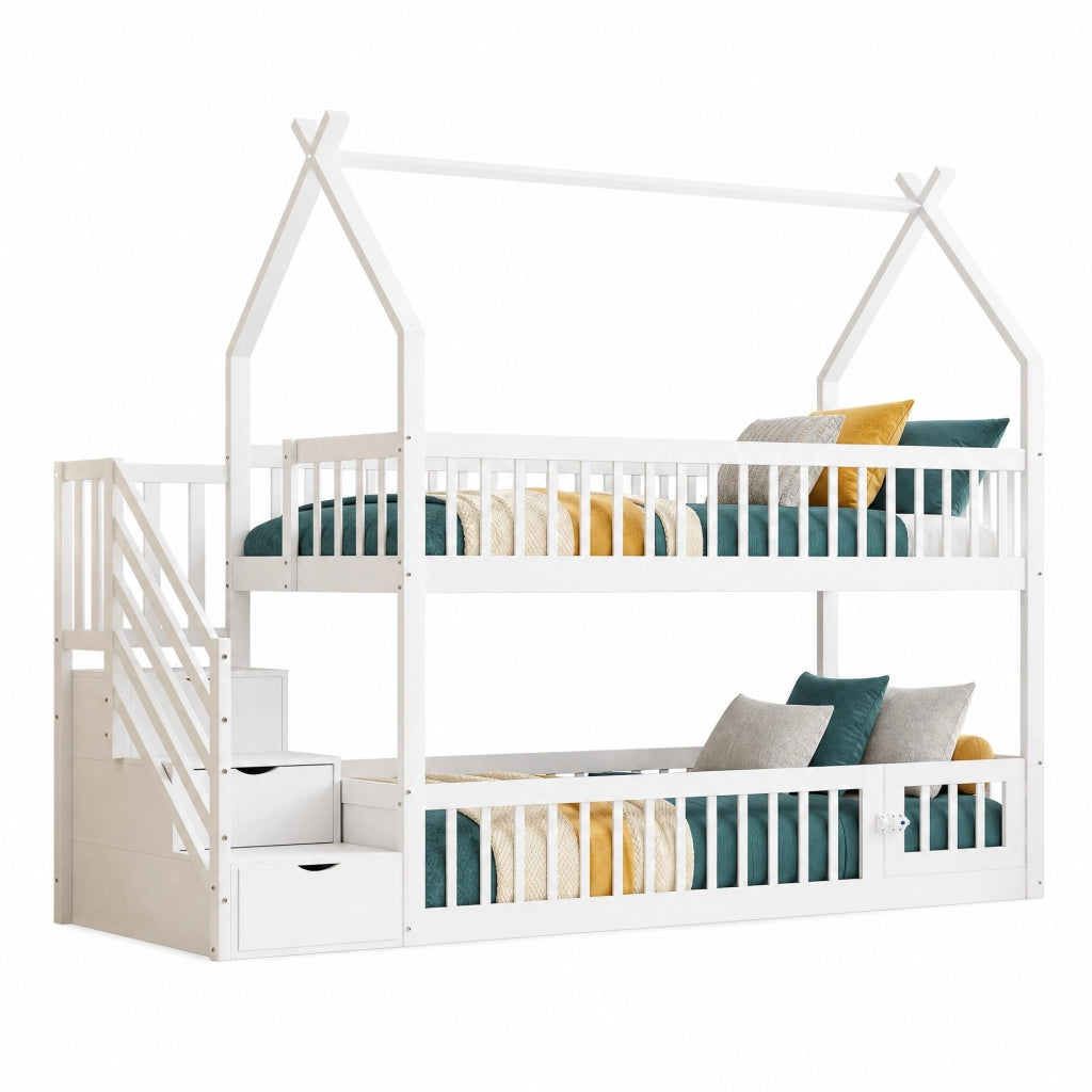 LETTO a castello per bambini 90x200 cm in legno massello bianco con tetto