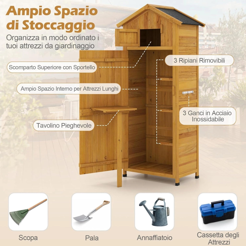 Armadio da Esterno, Armadietto da Giardino in Legno con Porta a Fienile Richiudibile con Serratura, Mensole Rimovibili, Tavolo Laterale Pieghevole, 3 Ganci e Tetto in Asfalto