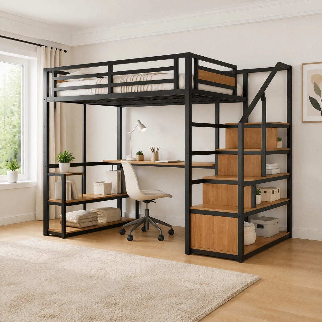 LETTO A SOPPALCO 140x200 cm in metallo nero con scrivania e ripiani