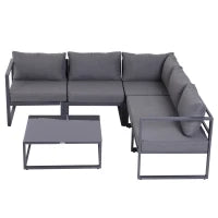 Set da Giardino da 6 Pezzi con  4 Sedie, 1 Divano ad Angolo e 1 Tavolino da Caffè, Salotto da giardino con Cuscini, Mobili da Giardino in Alluminio, Poliestere, Vetro temperato, per 4–5 persone, Grigio