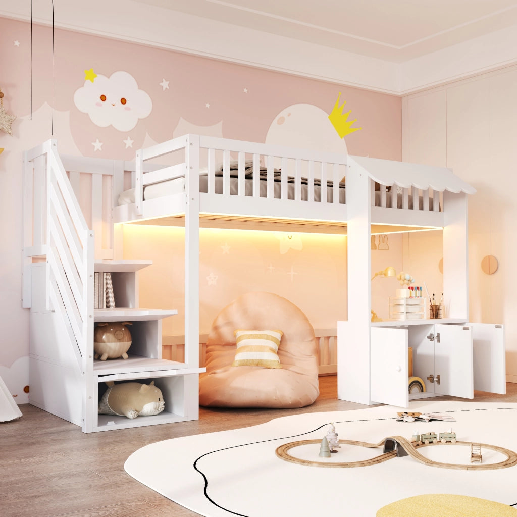 DESMIU Letto a soppalco singolo con scala contenitore, vano portaoggetti e luce LED 90 × 200 cm, senza materasso