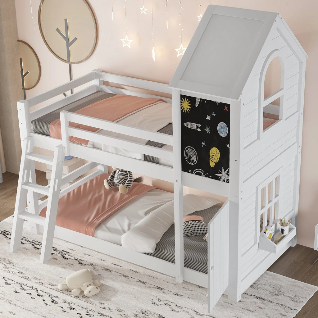 Letto a castello con porta e lavagna in legno massiccio e MDF 90x200 cm