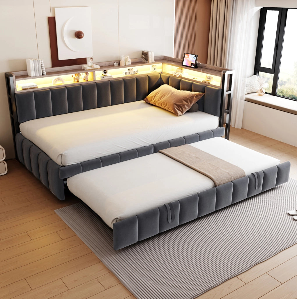 Letto estraibile 90x200 cm con secondo letto; LED regolabile; USB-C e vani; velluto grigio