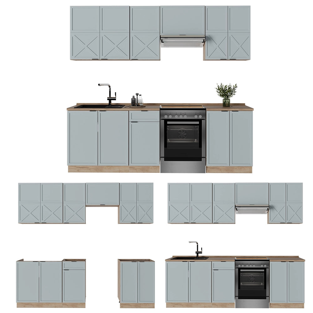 Cucina componibile Fame-Line Blu-grigio chiaro/Rovere dorato 240 cm, PL Marmo Vicco