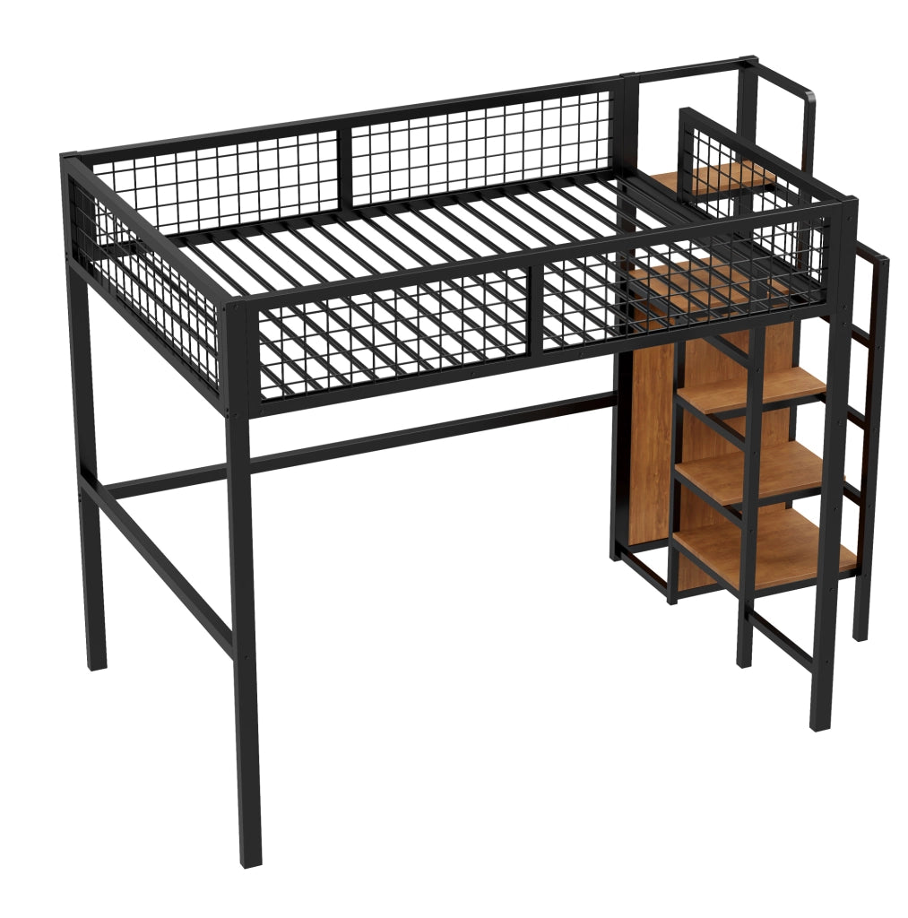 Letto a soppalco 140x200 cm con scala e armadio in MDF e metallo nero
