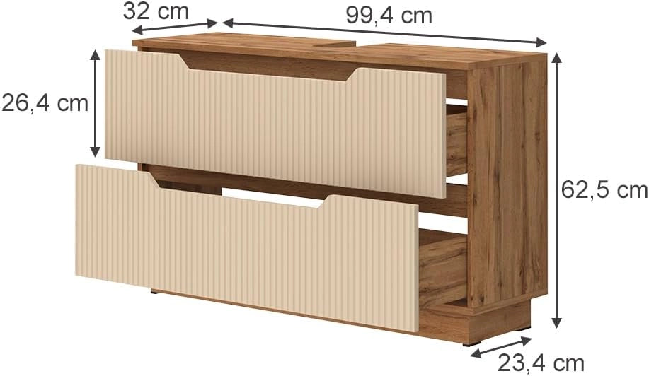 Mobile sottolavabo per bagno Lotta, Rovere/cashmere a righe, 99.4 x 62.5 cm con 2 cassetti