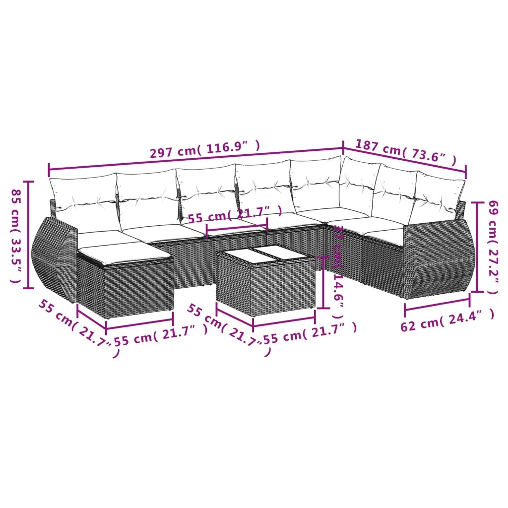 Set Divani da Giardino 9 pz con Cuscini Nero in Polyrattan 3221765