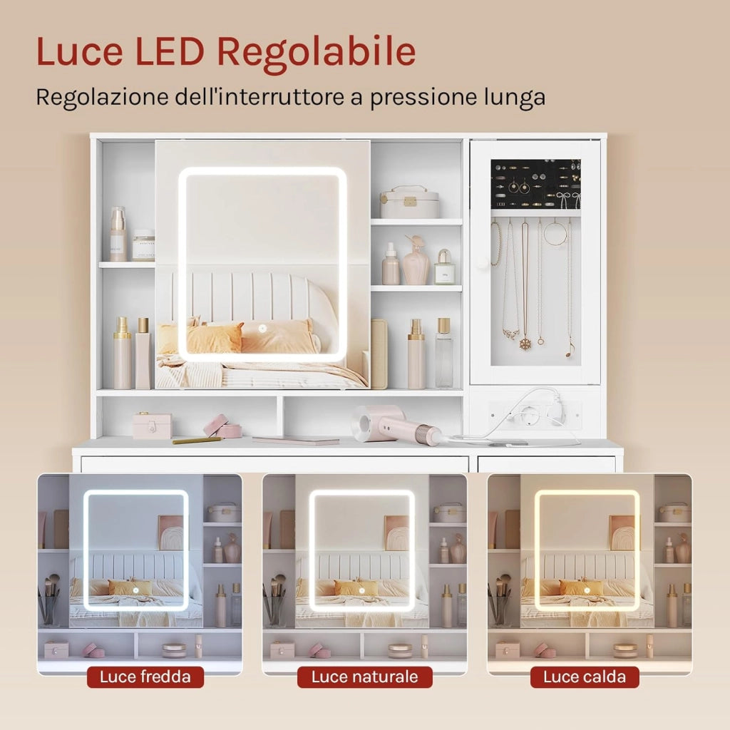 WOLTU Toeletta con Cassetti per Gioielli e Grande Specchio, Sedia da Make Up, Seduta Imbottita, Specchio a Luce LED Regolabile, Tavolo da Trucco con Prese, Cassetti e Ripiani, Bianco